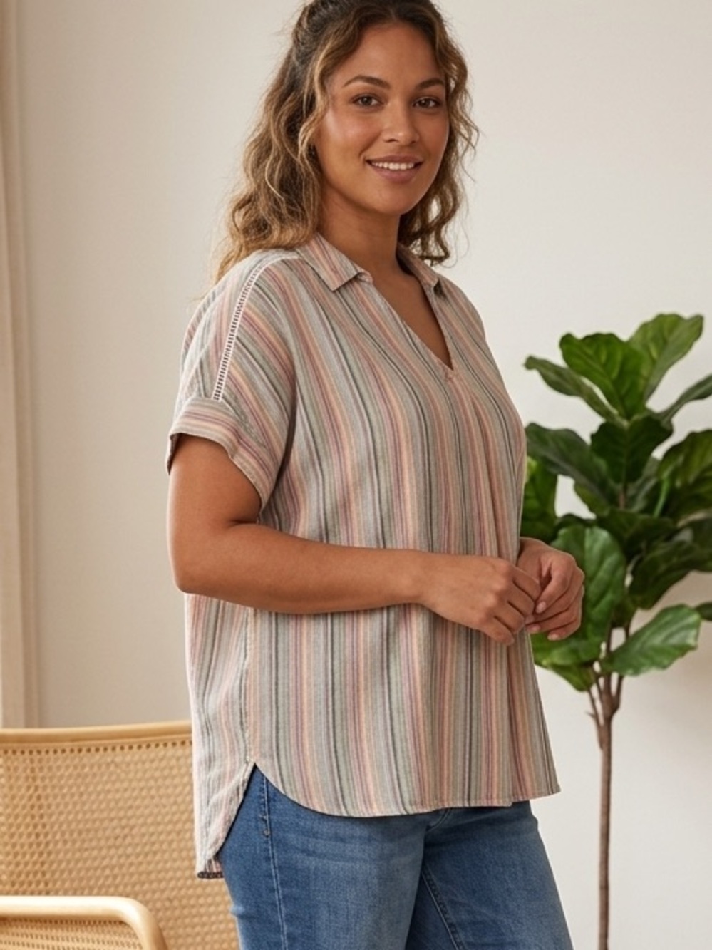Denver Hayes XL Cotton Rayon Striped Relaxed Fit Striped Summer Top Rolled Cuff